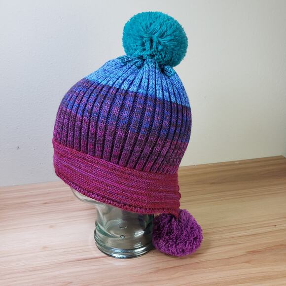 Muk Luks Big Pom Beanie‎ Hat Chunky Knit Purple Blue Ombre Whimsical Winter Cap - Picture 5 of 8